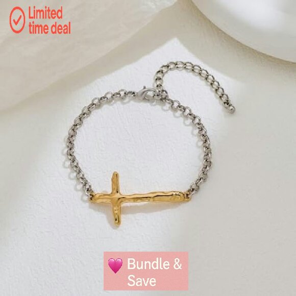 Adjustable Link Chain Bracelet with Textured Cross Pendant for Women - Picture 4 of 8